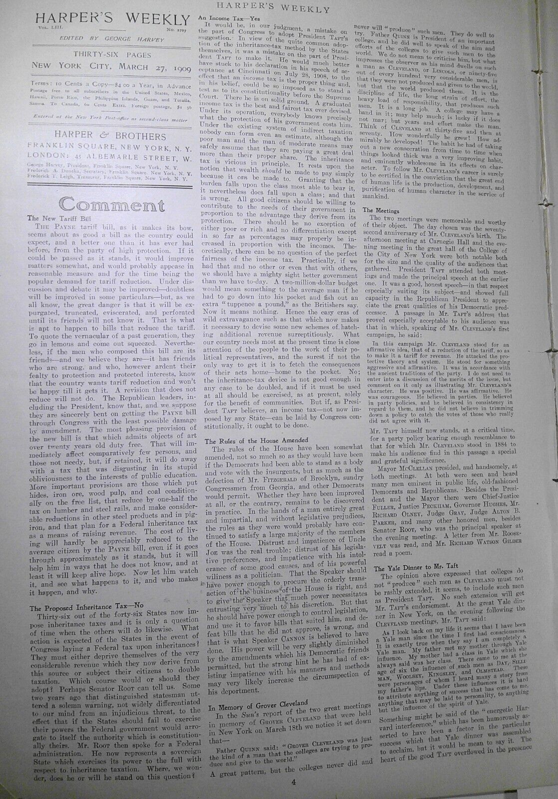 Harper's Weekly March 27, 1909. Mark Twain letter; Female cabinet; St. Gaudens
