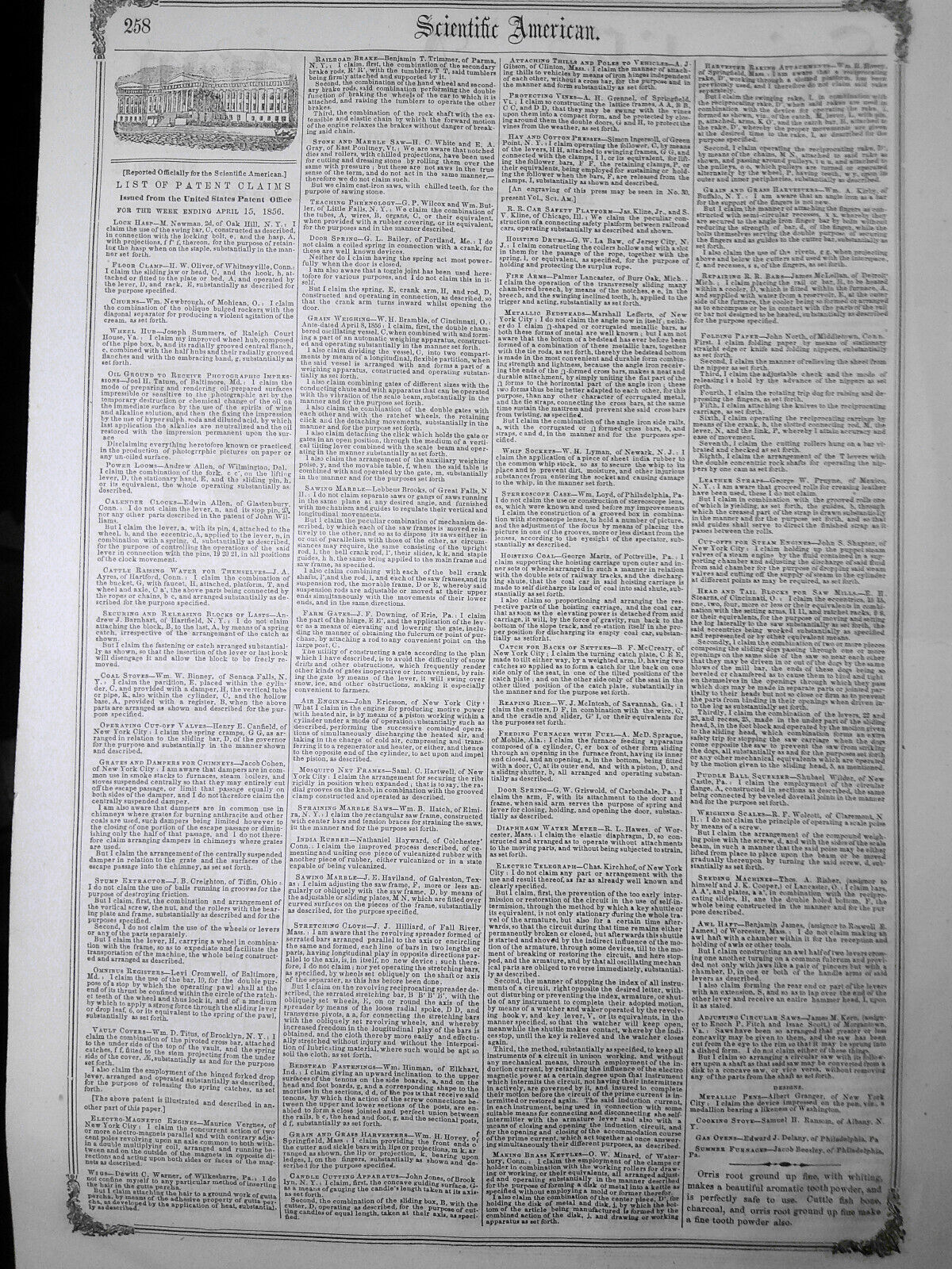 Scientific American, April 26, 1856. Steel composition; weighing scales, etc.