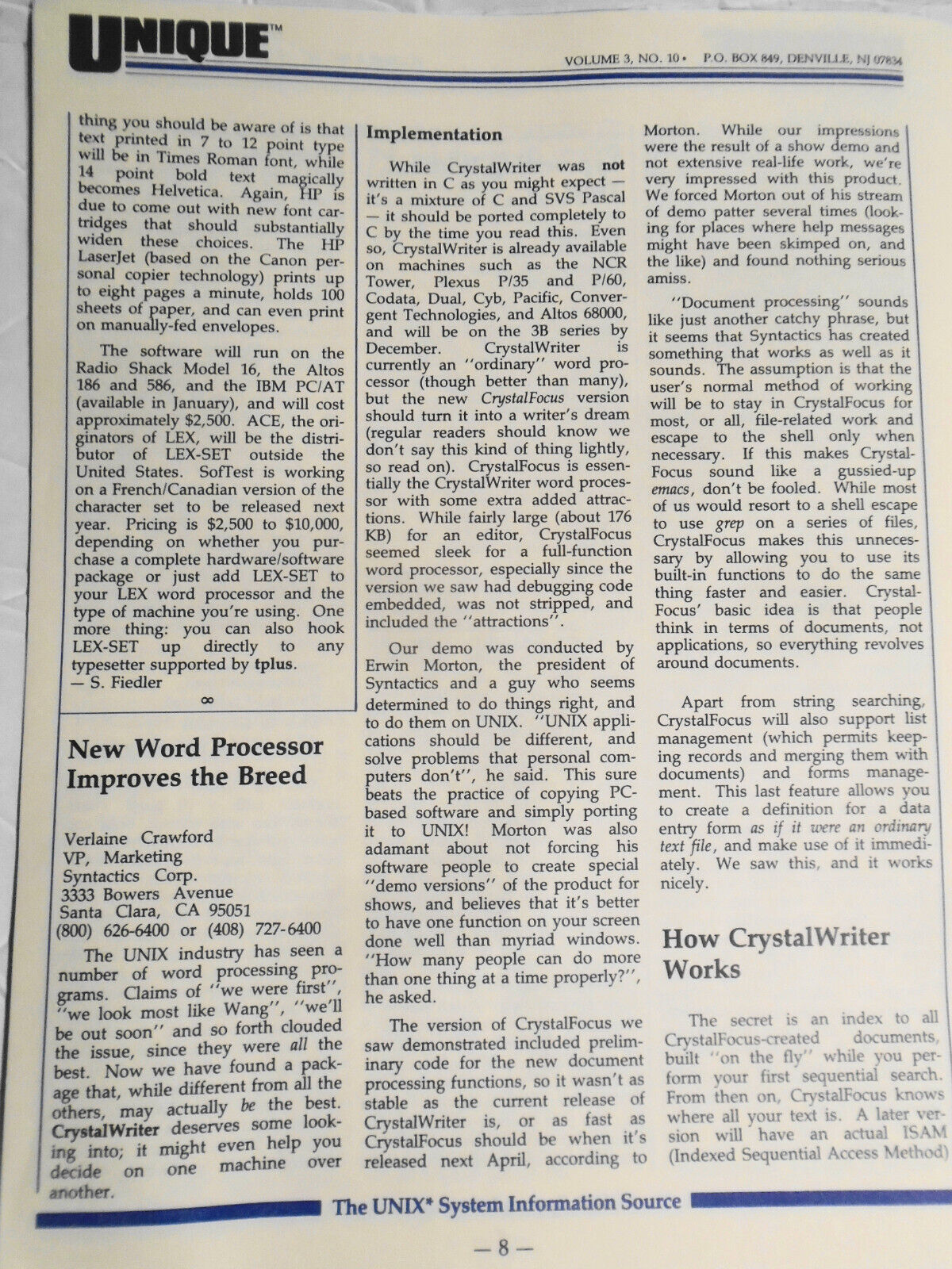 UNIQUE, Vol. 3, No. 10, 1984 - The UNIX System Information Source.
