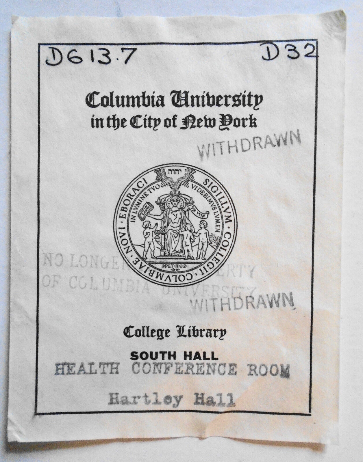 Columbia University in the City Of New York, College Library Bookplate