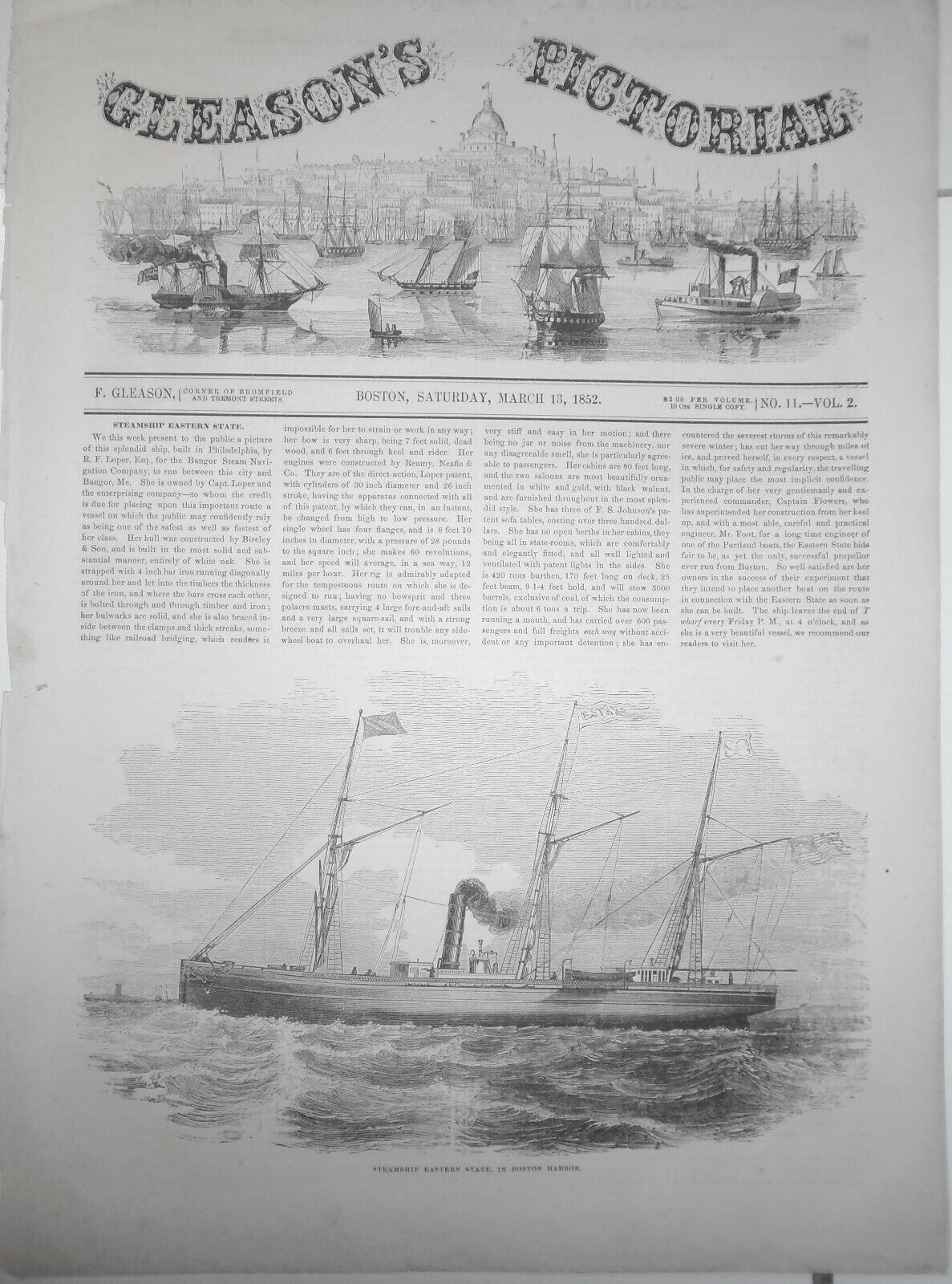 Steamship Eastern State, in Boston Harbor - Gleason's Pictorial - March 13, 1852