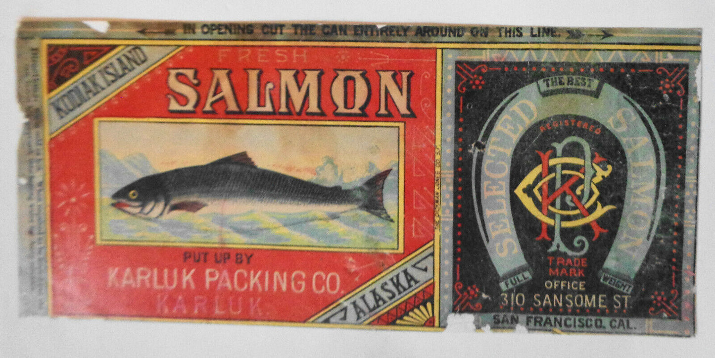 Lot of 3 Food can labels: Baker's Cocoa, Kodiak Salmon reproduction, Golf Beans