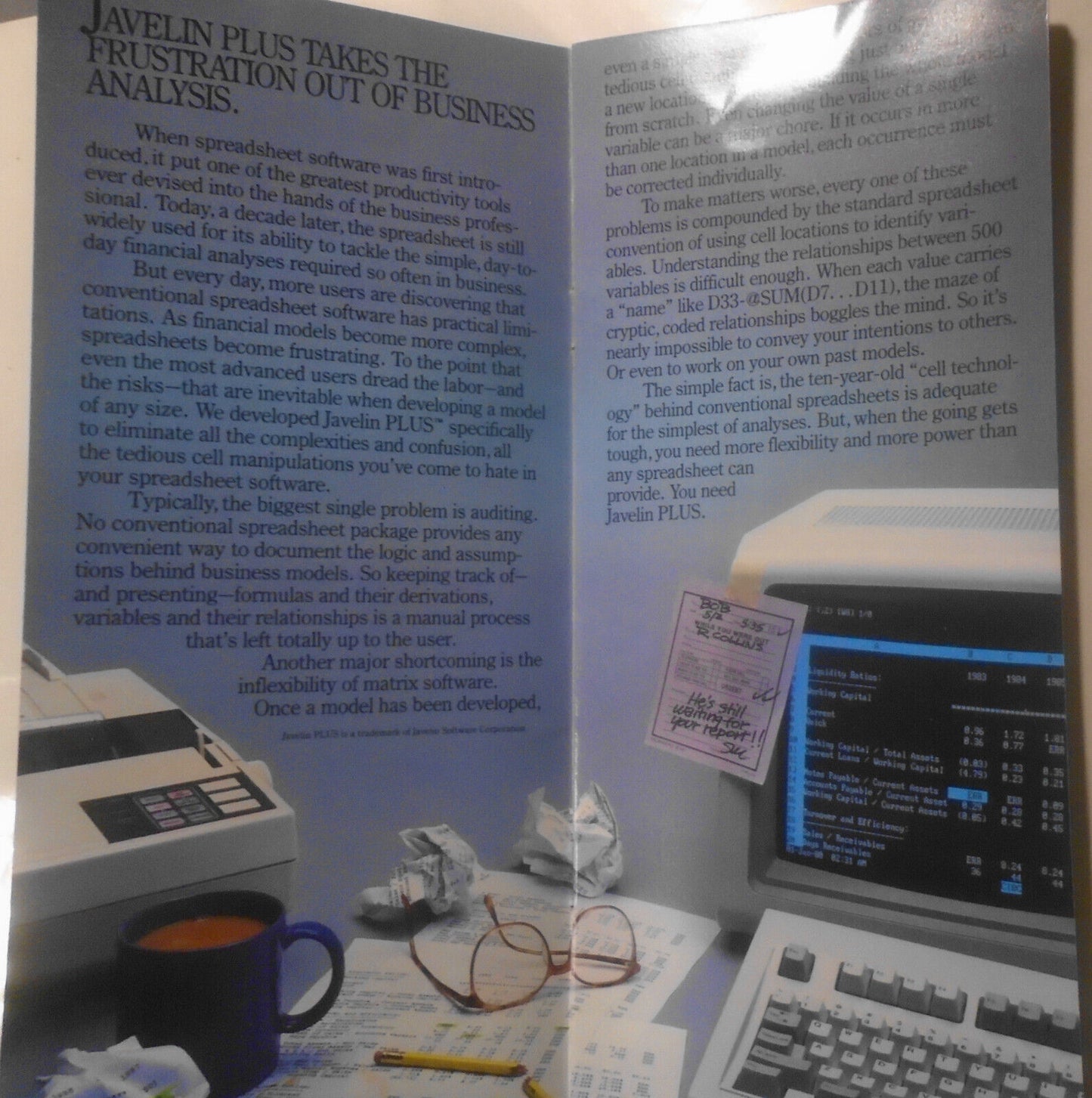 Javelin Plus spreadsheet / database promo brochure, 1980s. For IBM PCs