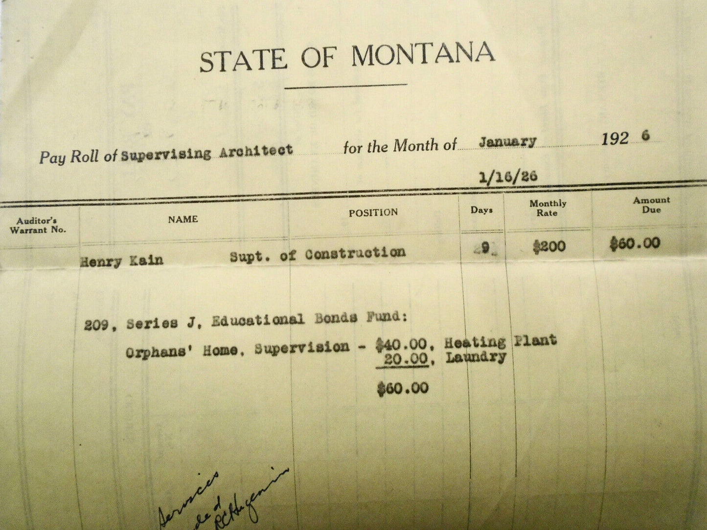 Payroll of the Supervising Architect, Missoula, Montana, for January 1926