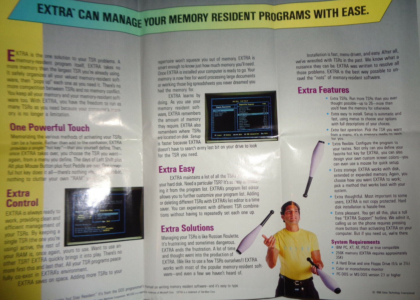 EXTRA by Delta Technology - load up to 26 TSRs in memory space of 1. For IBM PC.