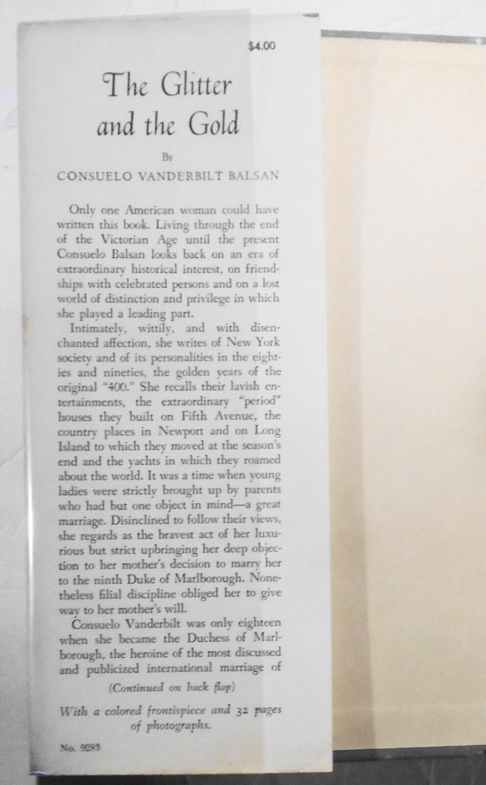 Consuelo Vanderbilt Balsan : The Glitter and the Gold. First edition 1952. HC/DJ