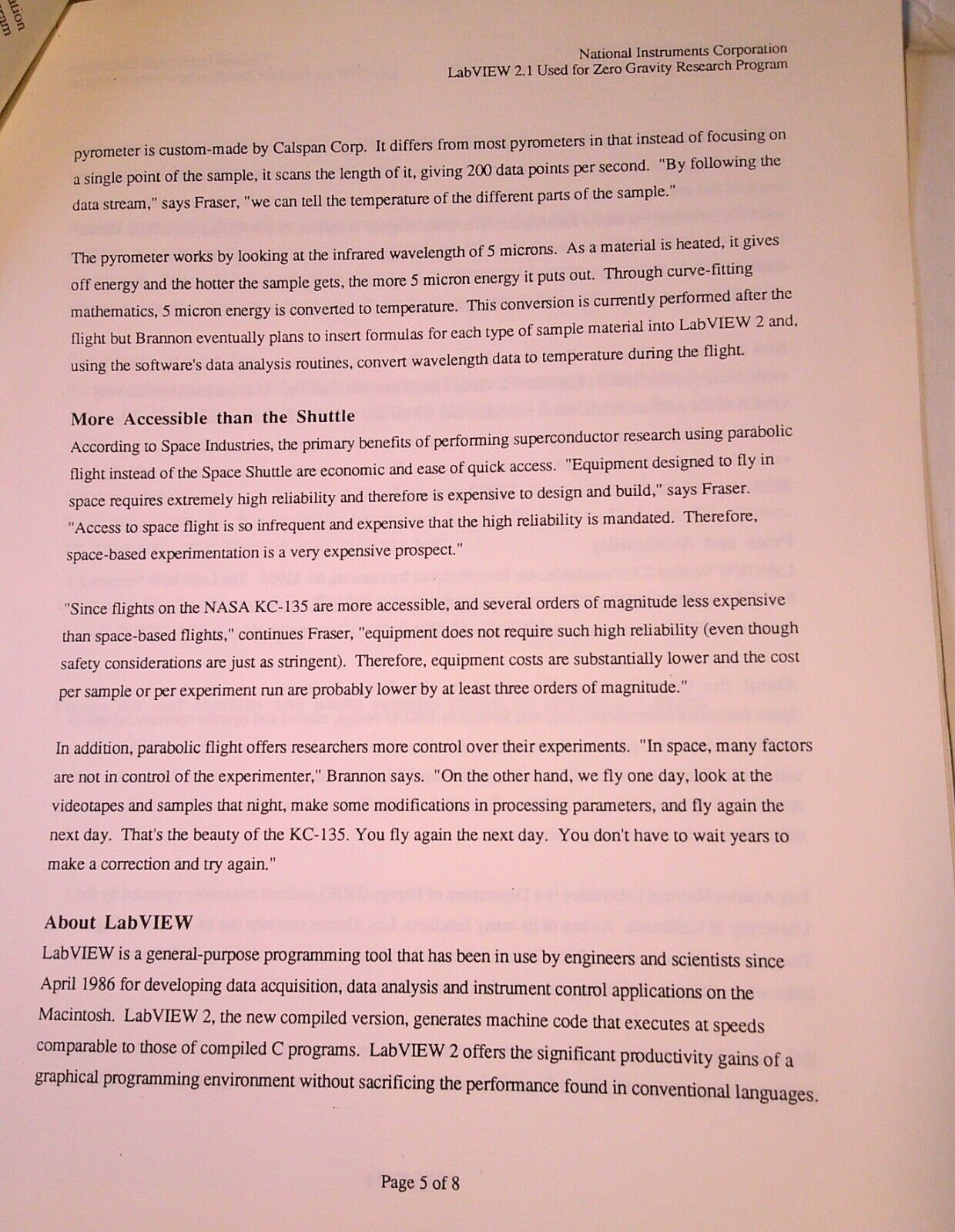 National Instruments LabVIEW 2 in NASA Zero Gravity Superconductor Research 1991