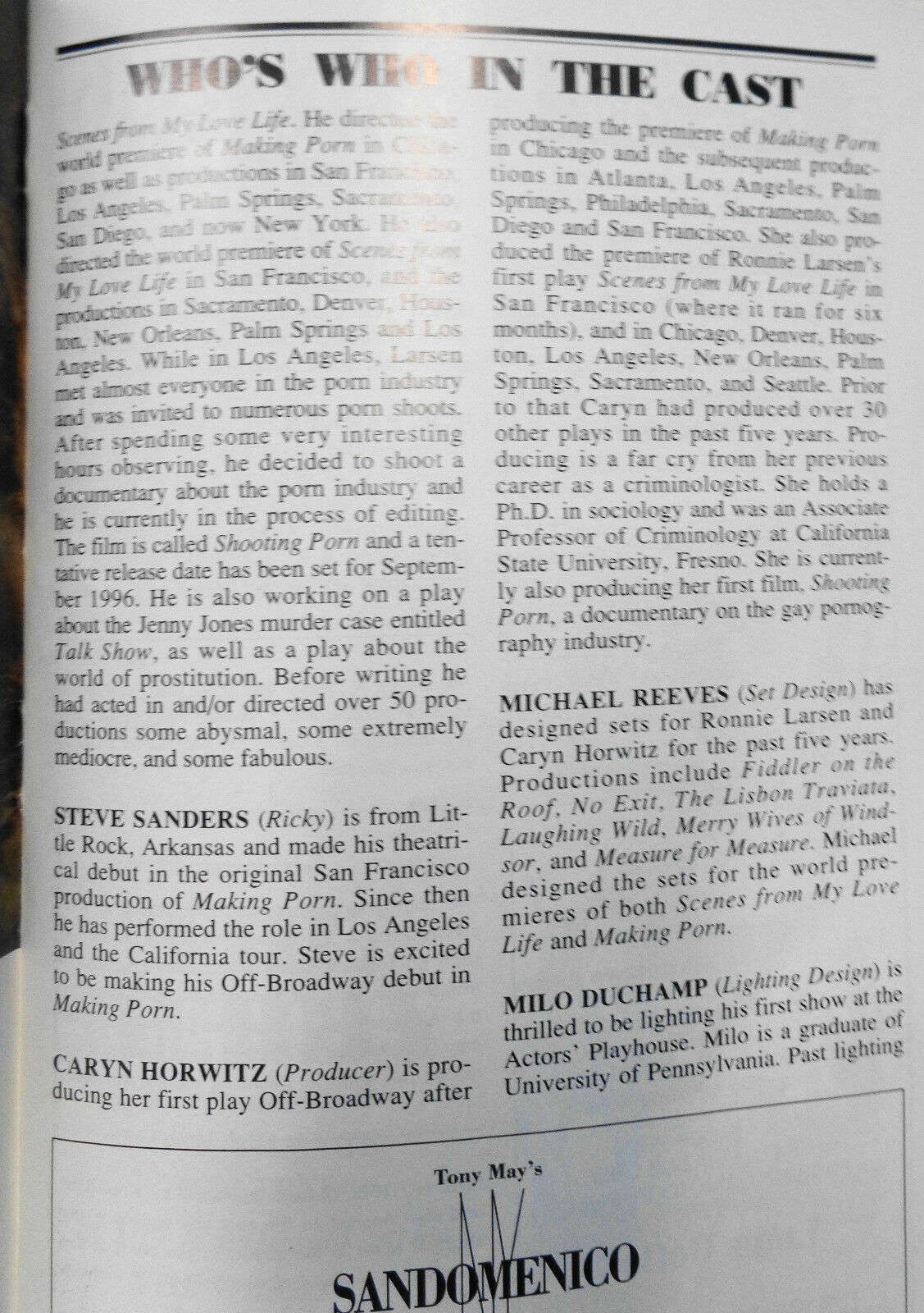 MAKING PORN - PLAYBILL - June 1996