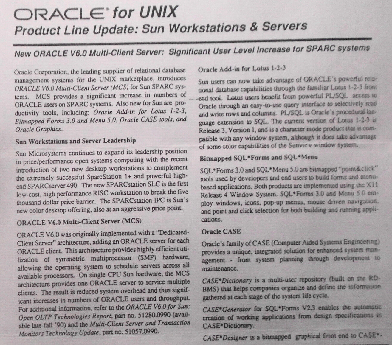 Oracle for UNIX on SUN workstations & servers : original promo flyer, 1990.