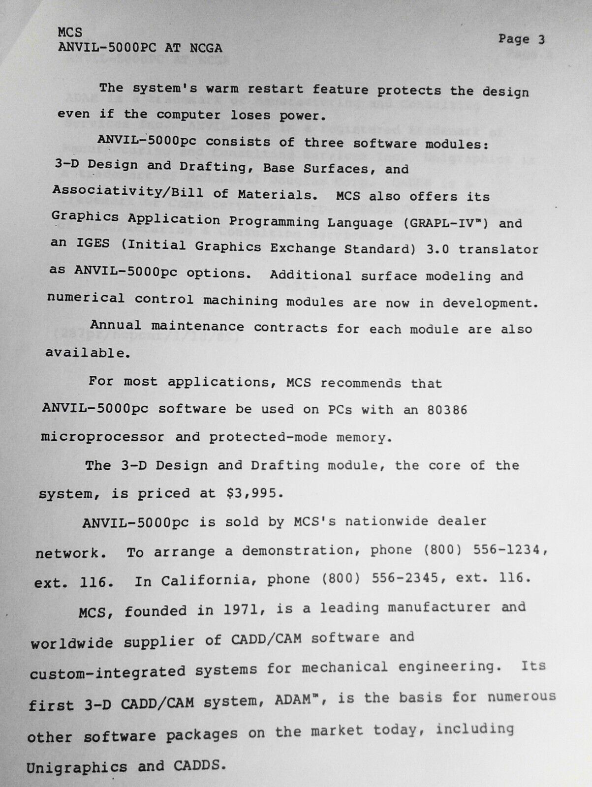 ANVIL-5000 3D CADD/CAM Software Press Kit, 1989. By MCS.