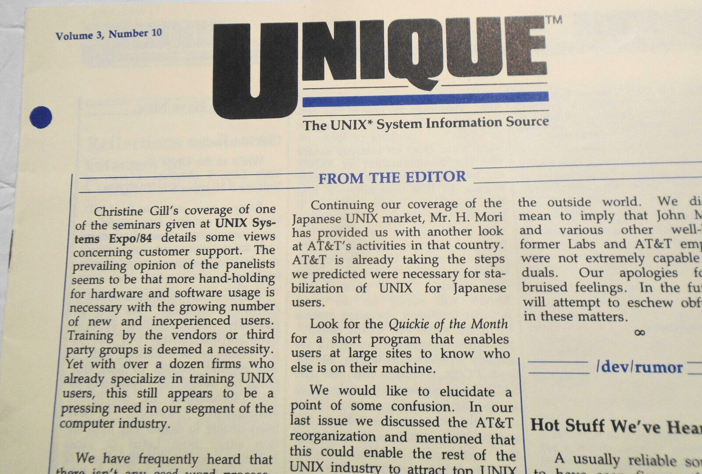 UNIQUE, Vol. 3, No. 10, 1984 - The UNIX System Information Source.