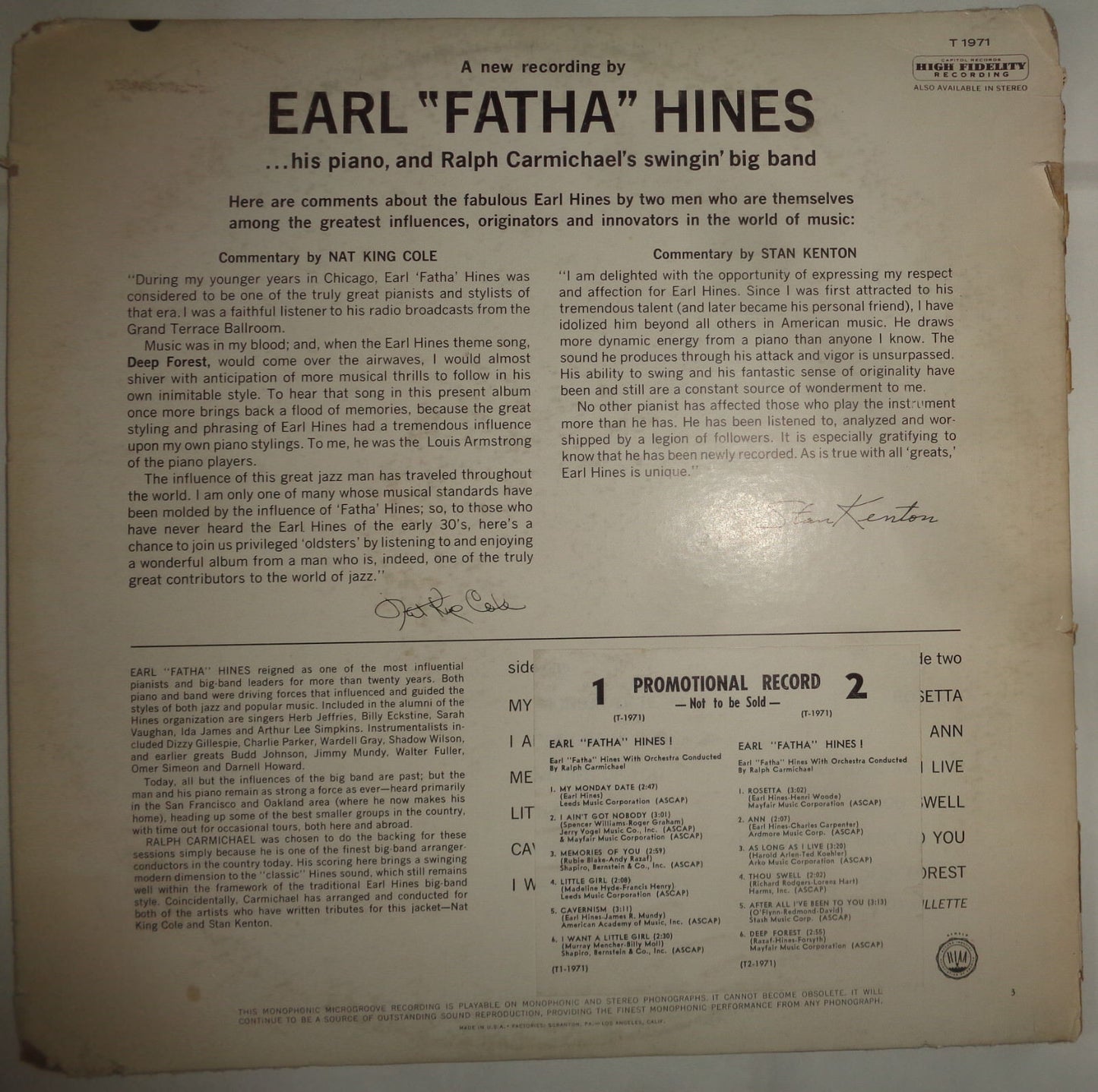 Earl "Fatha" Hines - Promo LP, Mono Capitol Records – T-1971, 1963