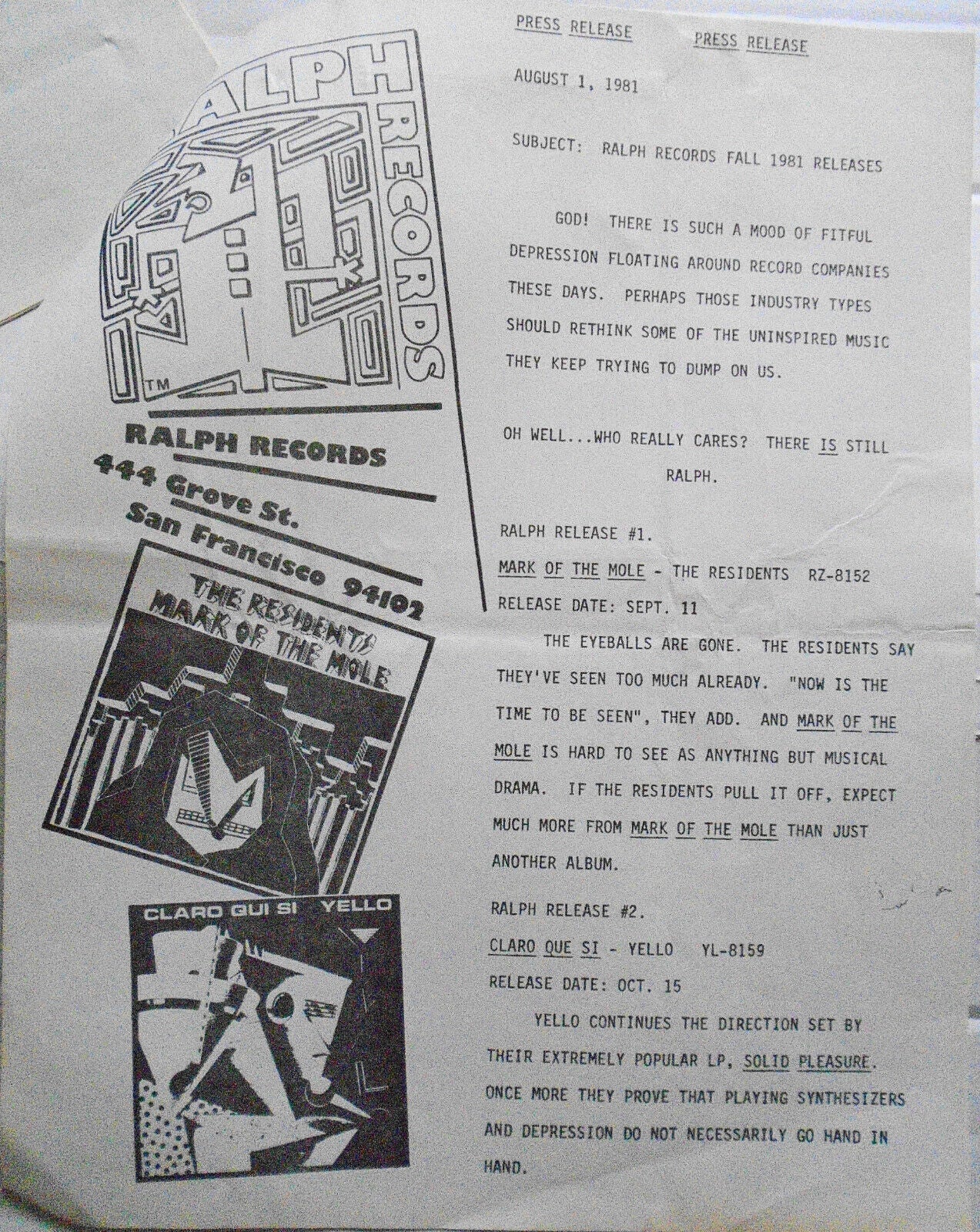 Jay Clem SIGNED letter 1981 & attachments - original member of The Residents.