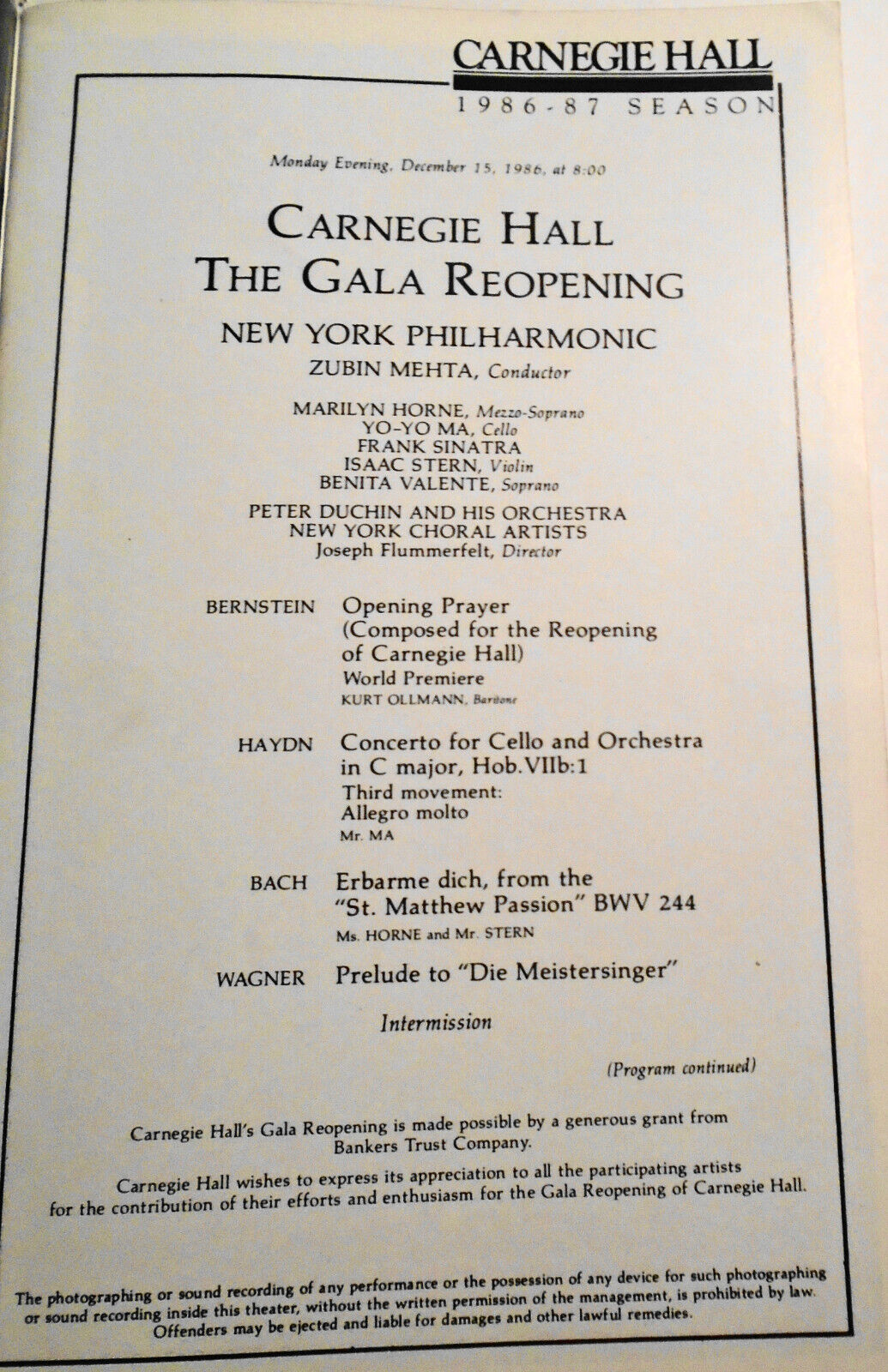 Carnegie Hall Gala Reopening Stagebill 1986: Mehta Horne Sinatra Stern Duchin..