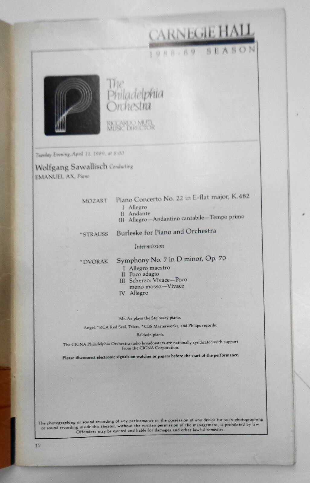Philadelphia Orchestra, Emanuel Ax, Piano STAGEBILL, CARNEGIE HALL Oct 26, 1978
