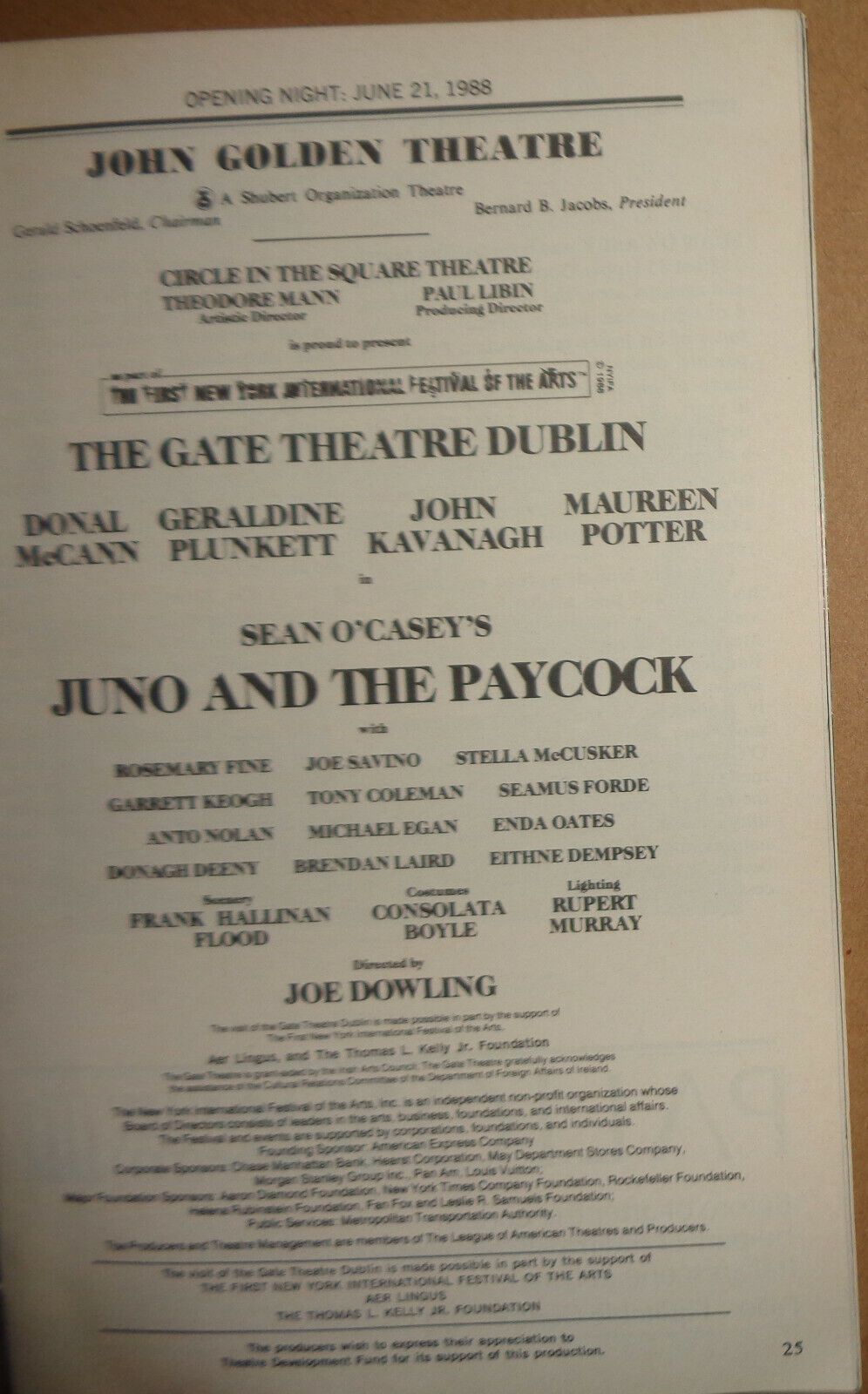 JUNO AND THE PAYCOCK - PLAYBILL - Opening Night: June 21, 1988