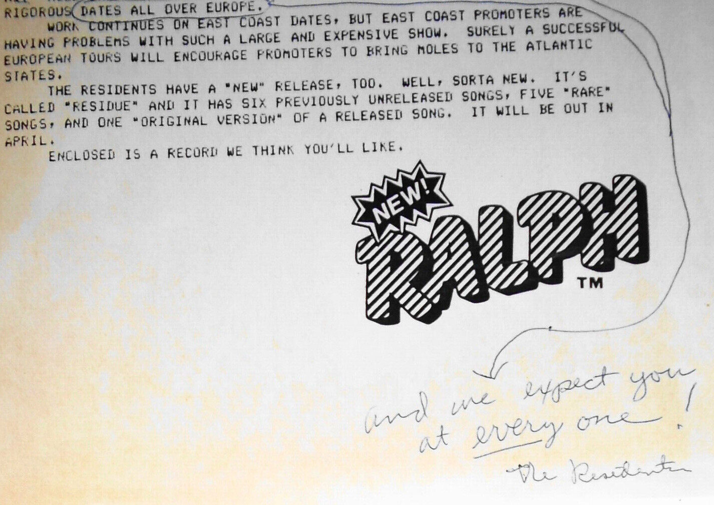 Hardy Fox inscribed press release, 1983 - SIGNED "The Residents"