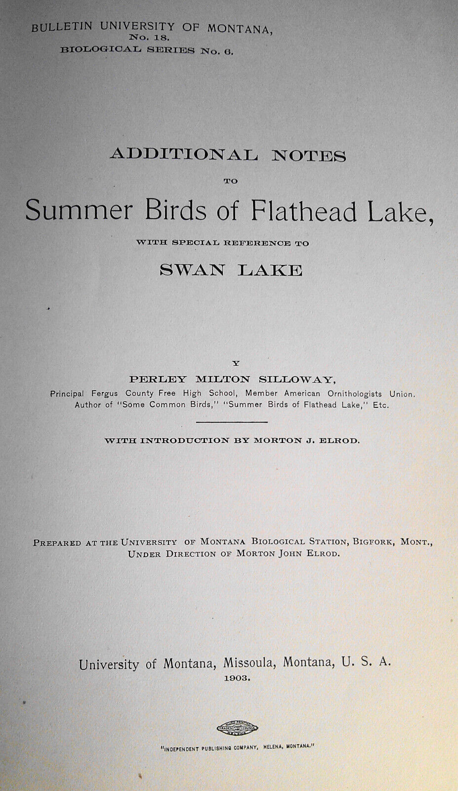 1903 Additional notes to Summer birds of Flathead Lake... Swan Lake by Silloway
