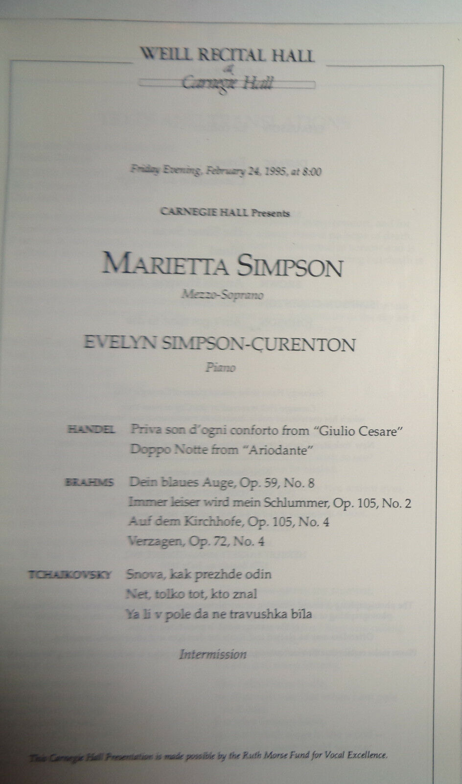 MARIETTA SIMPSON - CARNEGIE HALL STAGEBILL - FEBRUARY 24, 1995