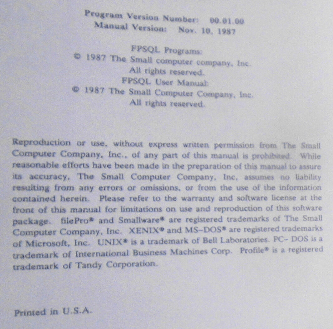 Filepro FPSQL Beta Test Program - Version 00.01.00, 1987 Manual & MSDOS software