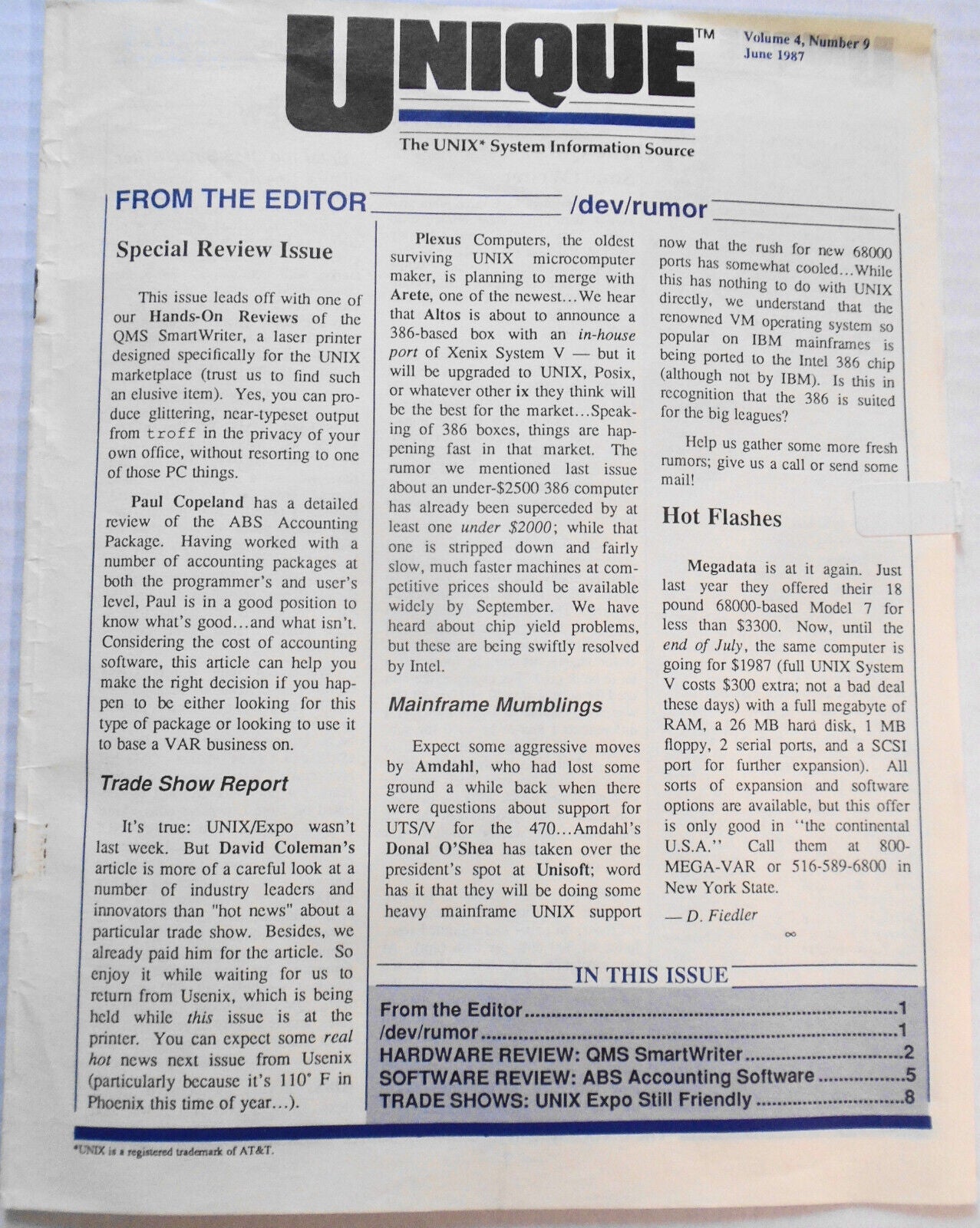 UNIQUE: The UNIX System Information Source, Vol. 4, No. 9, June 1987