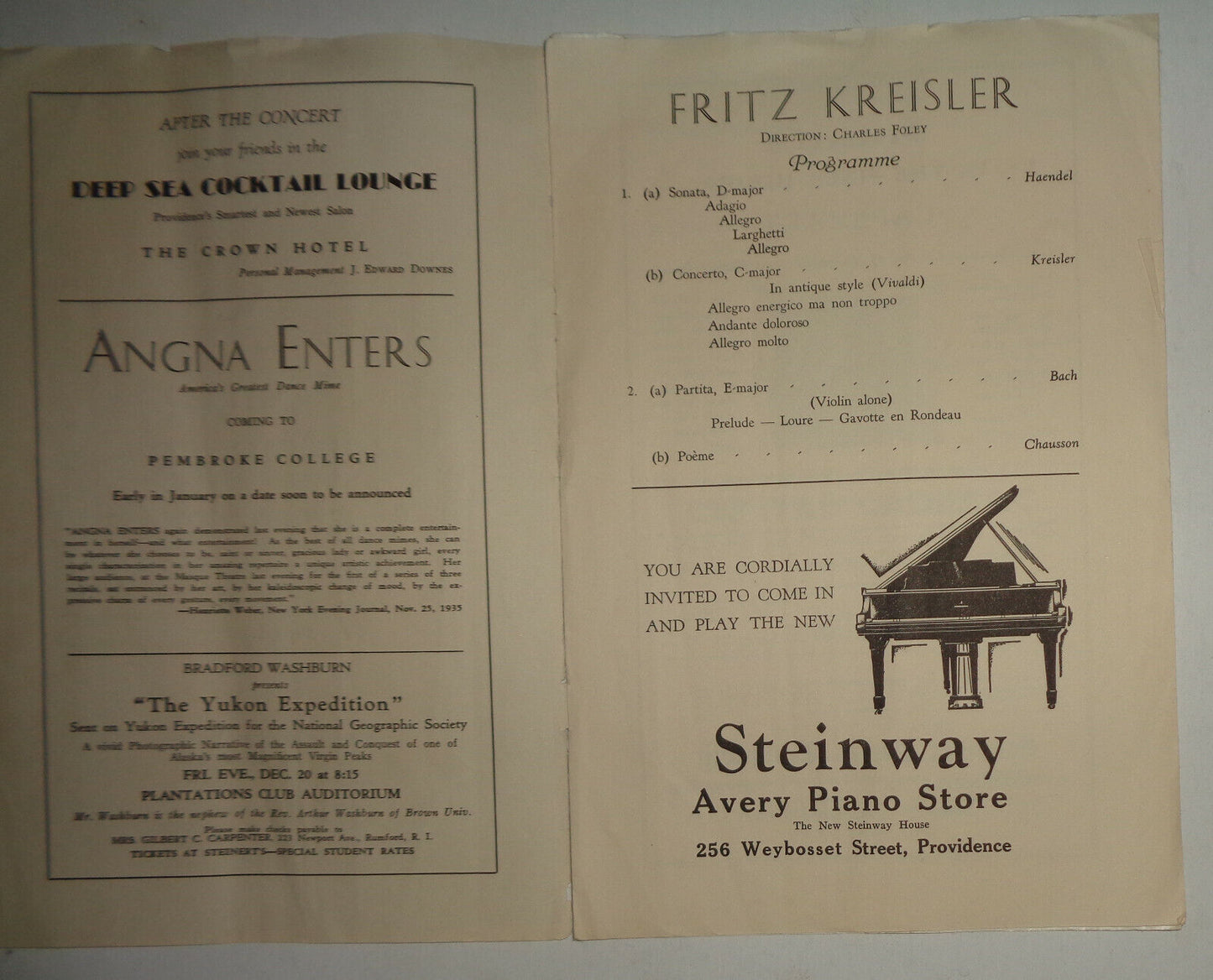 FRITZ KREISLER - PROGRAM - 1935 - METROPOLITAN THEATRE, PROVIDENCE, RI