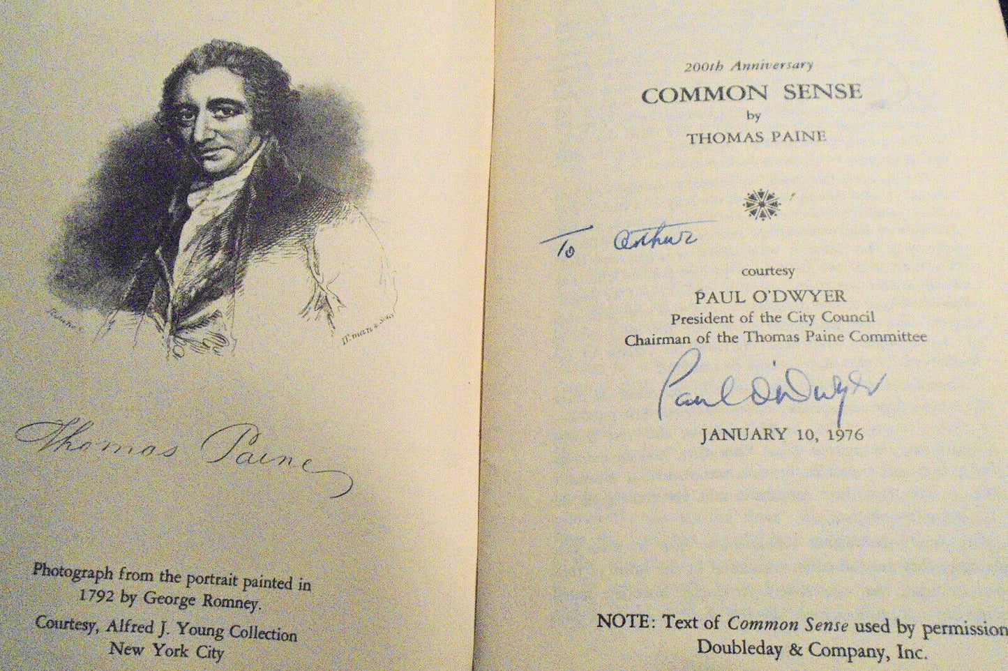 Common Sense, by Thomas Paine. 200th Anniversary. SIGNED by Paul O'Dywer, 1976.