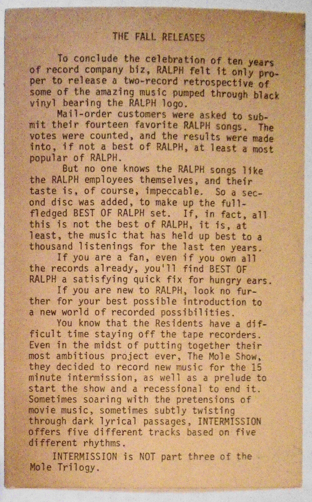 The Residents 1982 Fall Releases Promo Card - Mole Show, Best of Ralph...