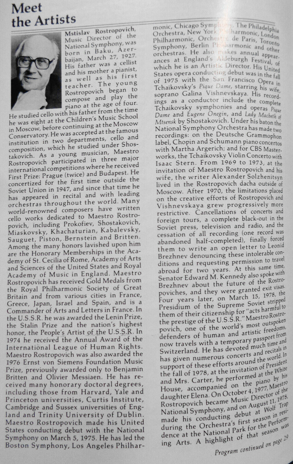NATIONAL SYMPHONY ORCH - STAGEBILL 1982 Rostropovich, Vishnevskaya, Chookasian