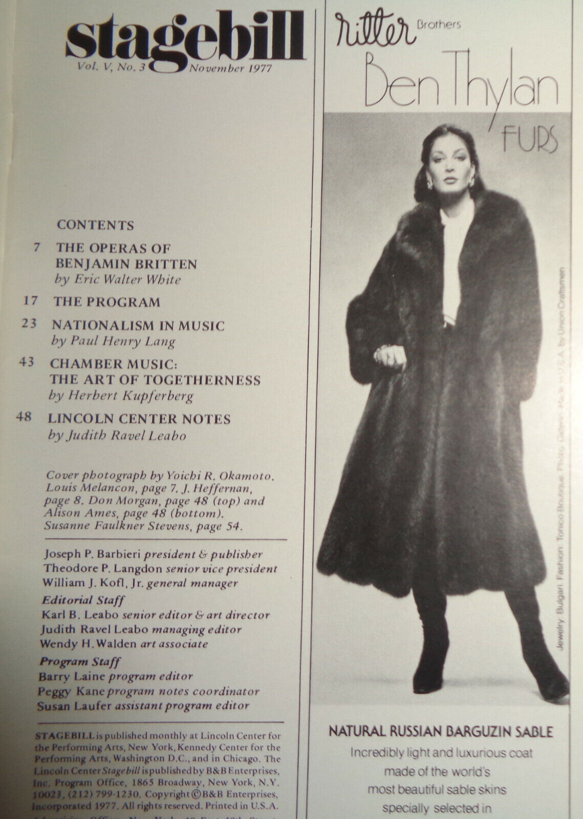 JOAN ARMATRADING - STAGEBILL - NOV. 9, 1977 LINCOLN CENTER / AVERY FISHER HALL