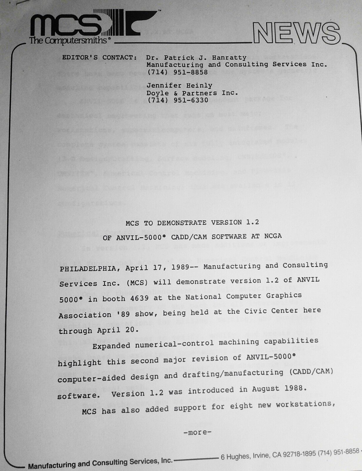 ANVIL-5000 3D CADD/CAM Software Press Kit, 1989. By MCS.