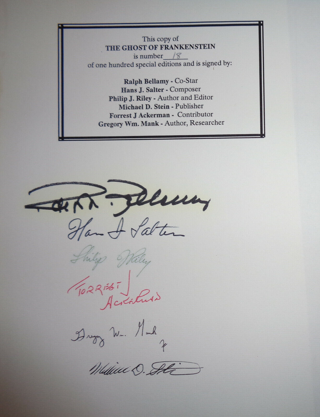 MagicImage Filmbooks The Ghost of Frankenstein SIGNED Ralph Bellamy Ltd ed 100