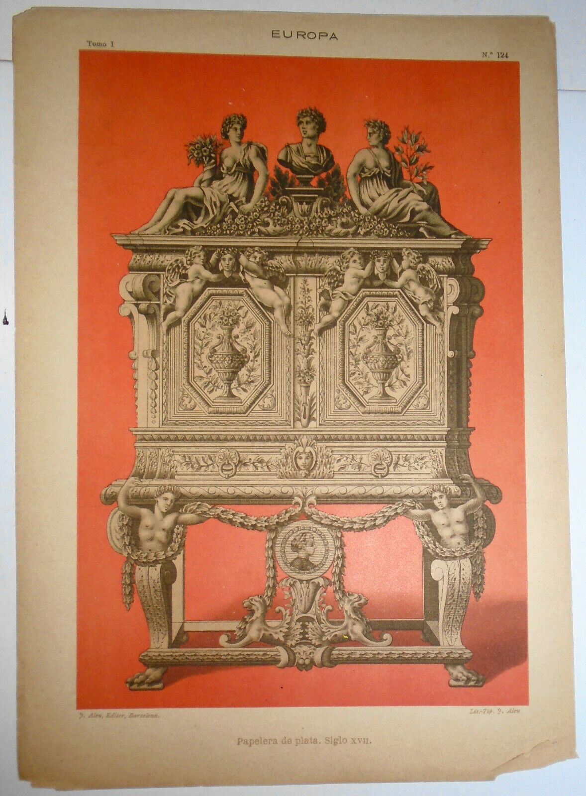 EUROPA - 3 antique furniture lithographs lot circa 1890 by J. Aleu, Barcelona.
