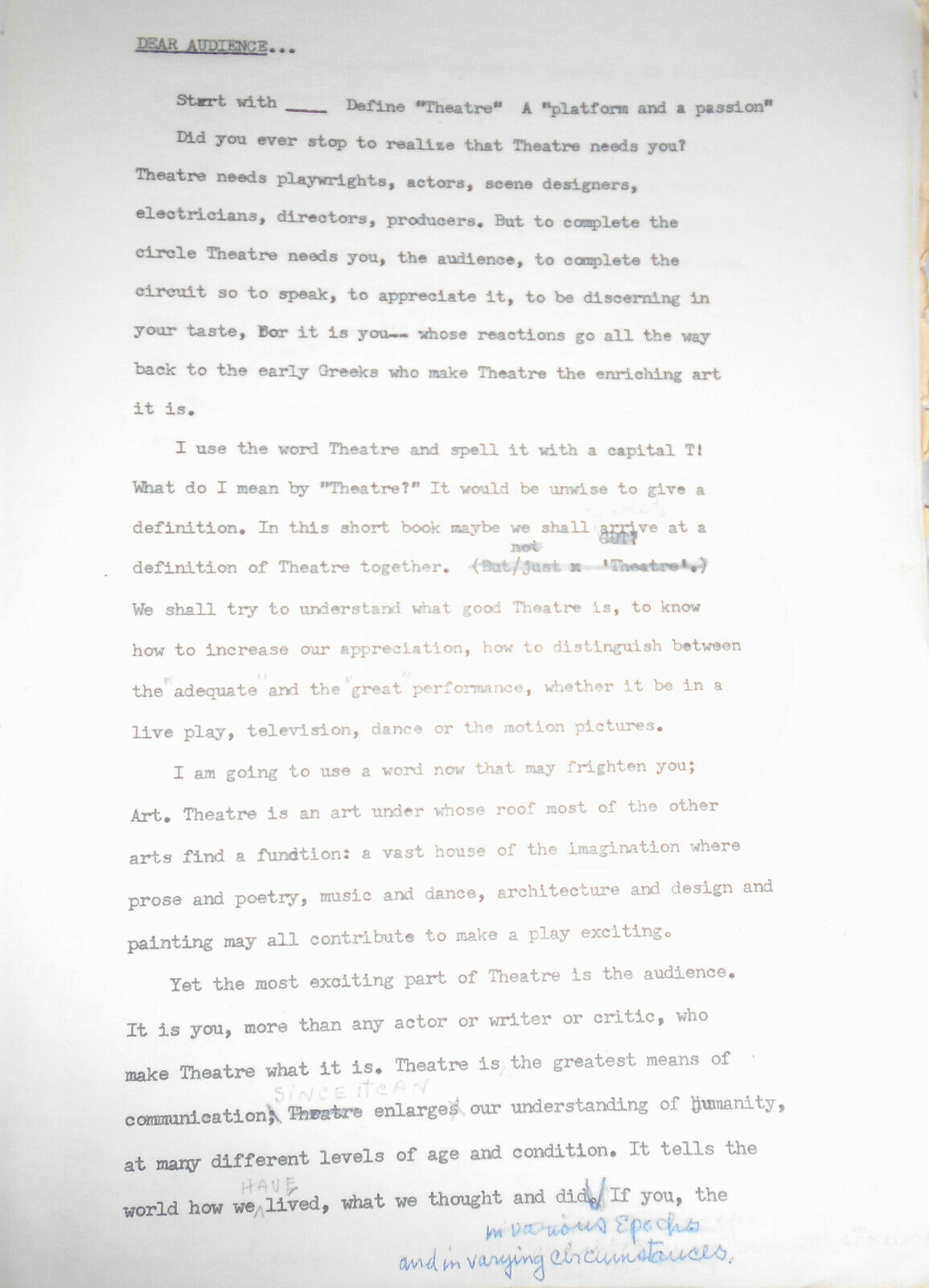 Actress Blanche Yurka - Dear Audience - Typed and handwritten outline Manuscript