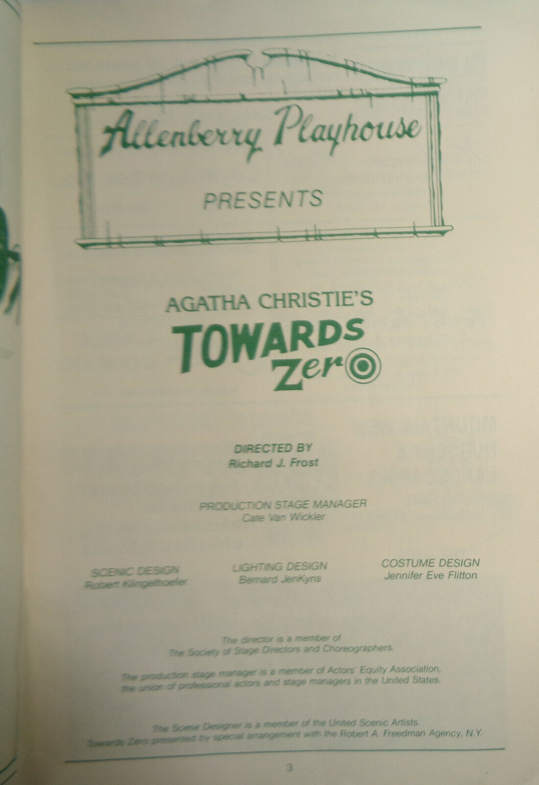 Agatha Christie's Towards Zero - Allenberry Playgoer Souvenir Program - 1992