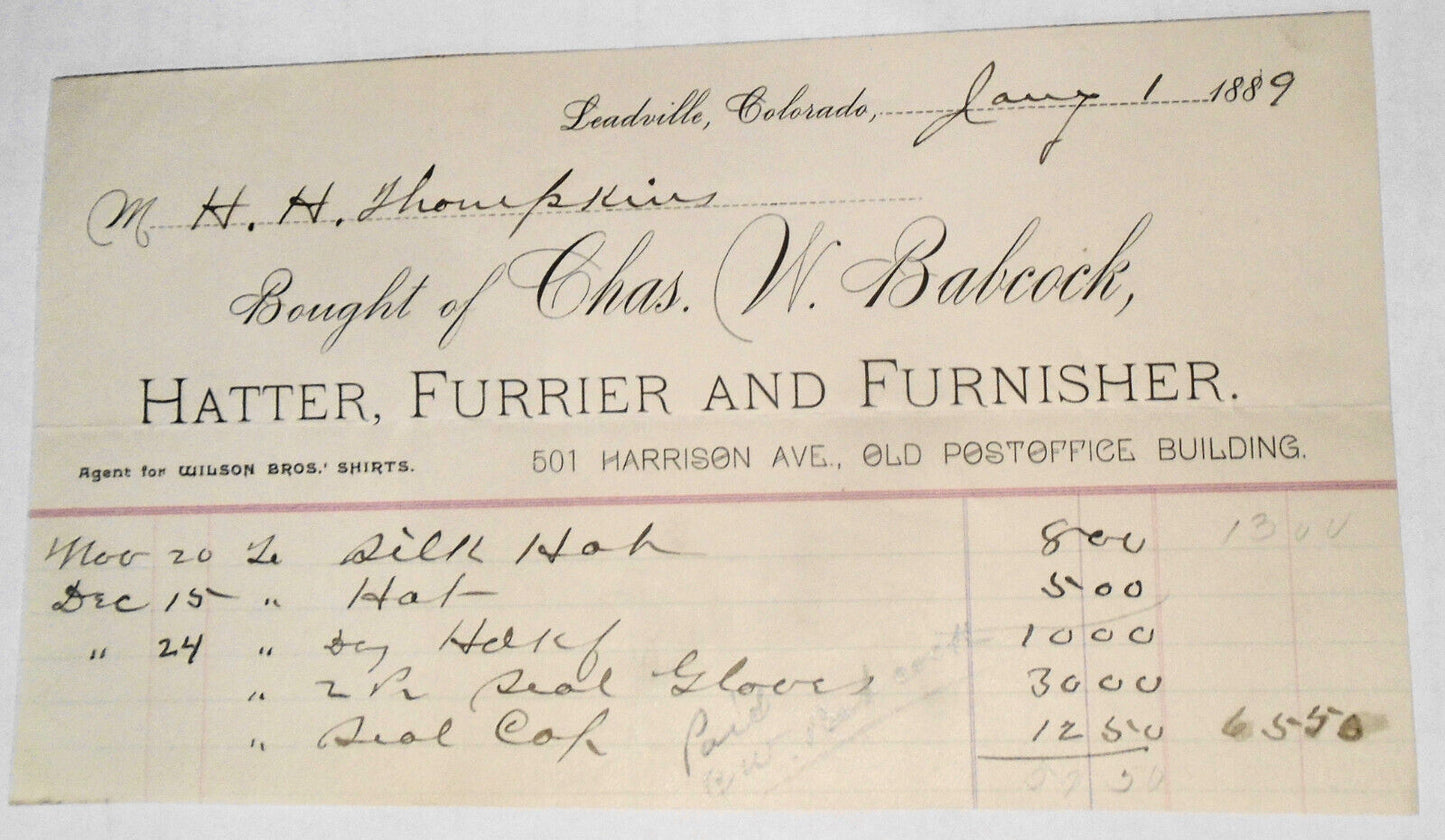 1889 Billhead receipt, Chas. W. Babcock, Hatter, Furrier... Leadville Colorado