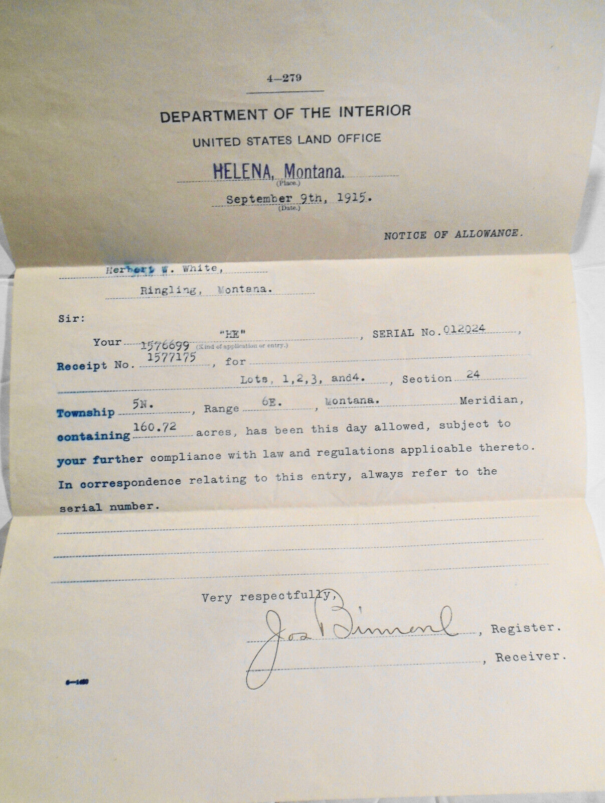 1915 Notice of Allowance, Department of the Interior Land Office, Helena Montana