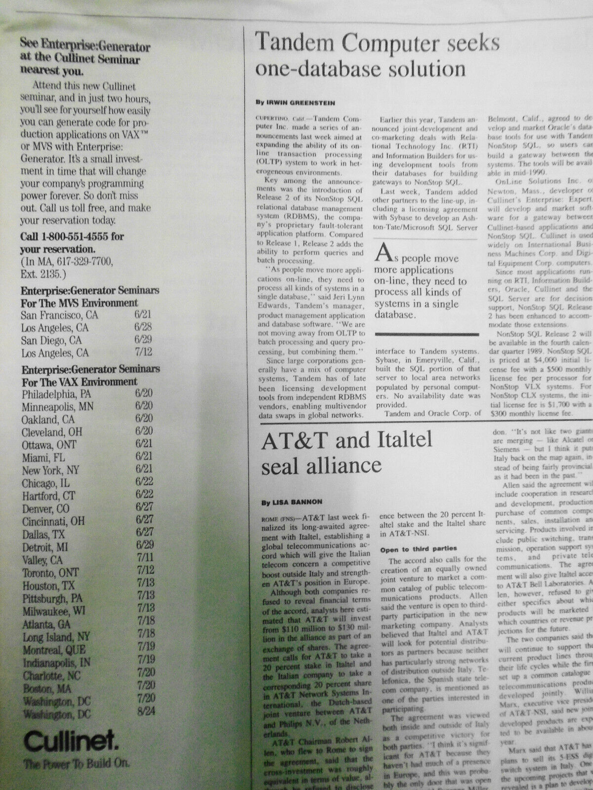 MIS Week, June 12, 1989 - IBM, AT&T, Tandem Computer, Bell Atlantic, etc news