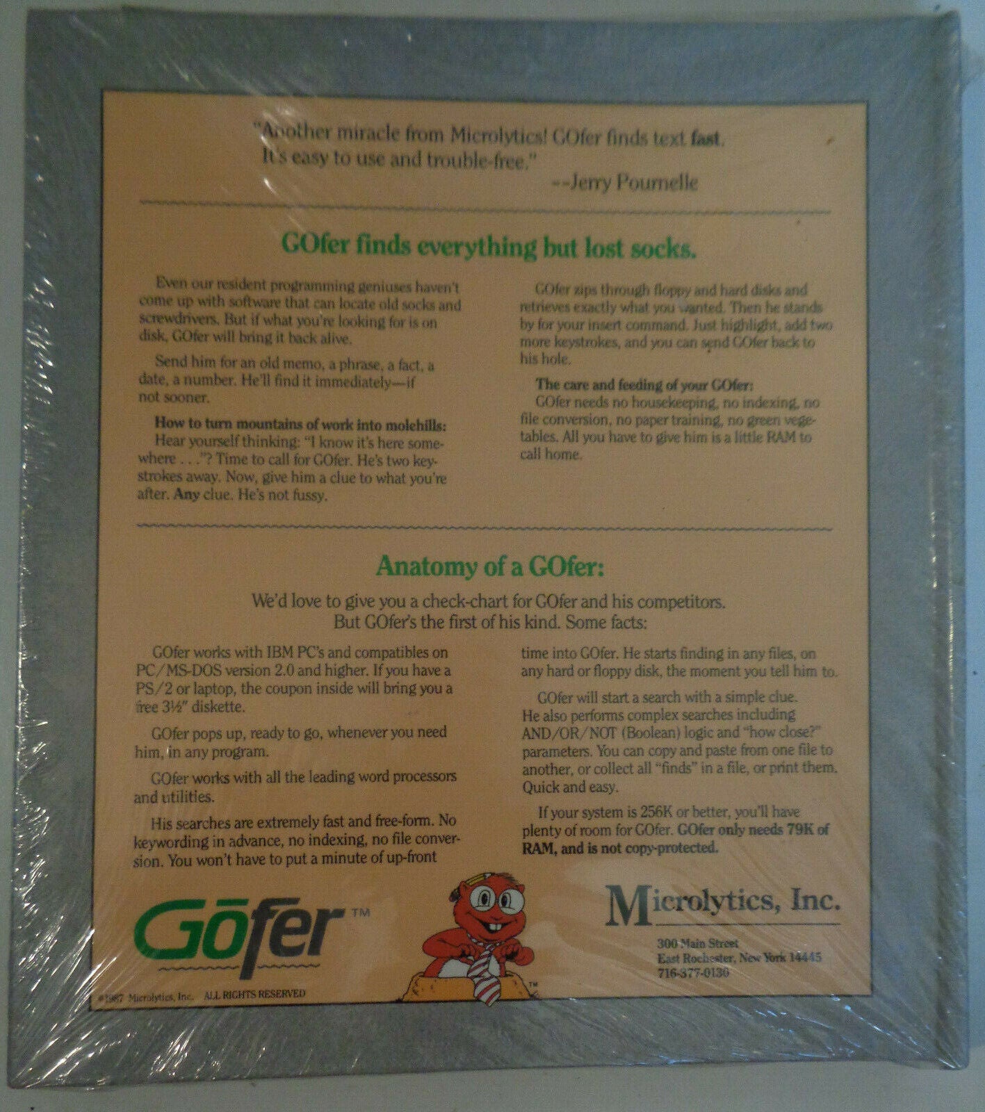 GOfer, by Microlytics, Inc.. 1987 - MINT, SEALED. For IBM PC's...