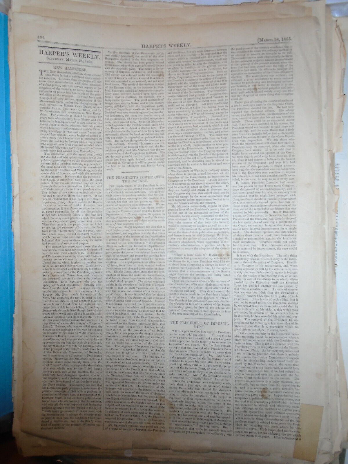 President Andrew Johnson served with Impeachment Summons by George T Brown, 1868