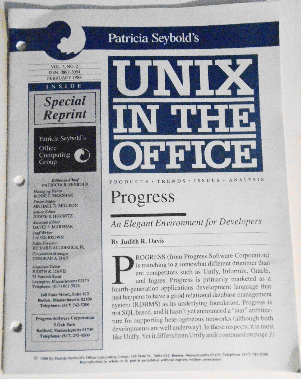 Patricia Seybold's UNIX in the Office : Progress 4GL database, February 1988