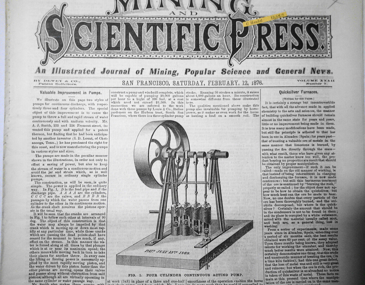 Mining and Scientific Press Feb 12, 1876. Edison's "New Force"; Mining Debris...