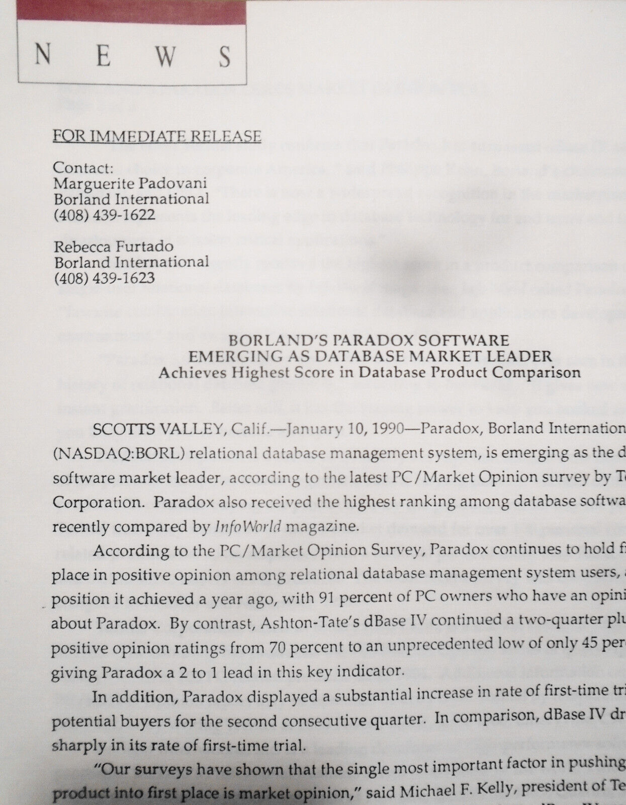 1990 Borland Paradox, Quattro Pro & Reflex win top awards. 4 press releases.