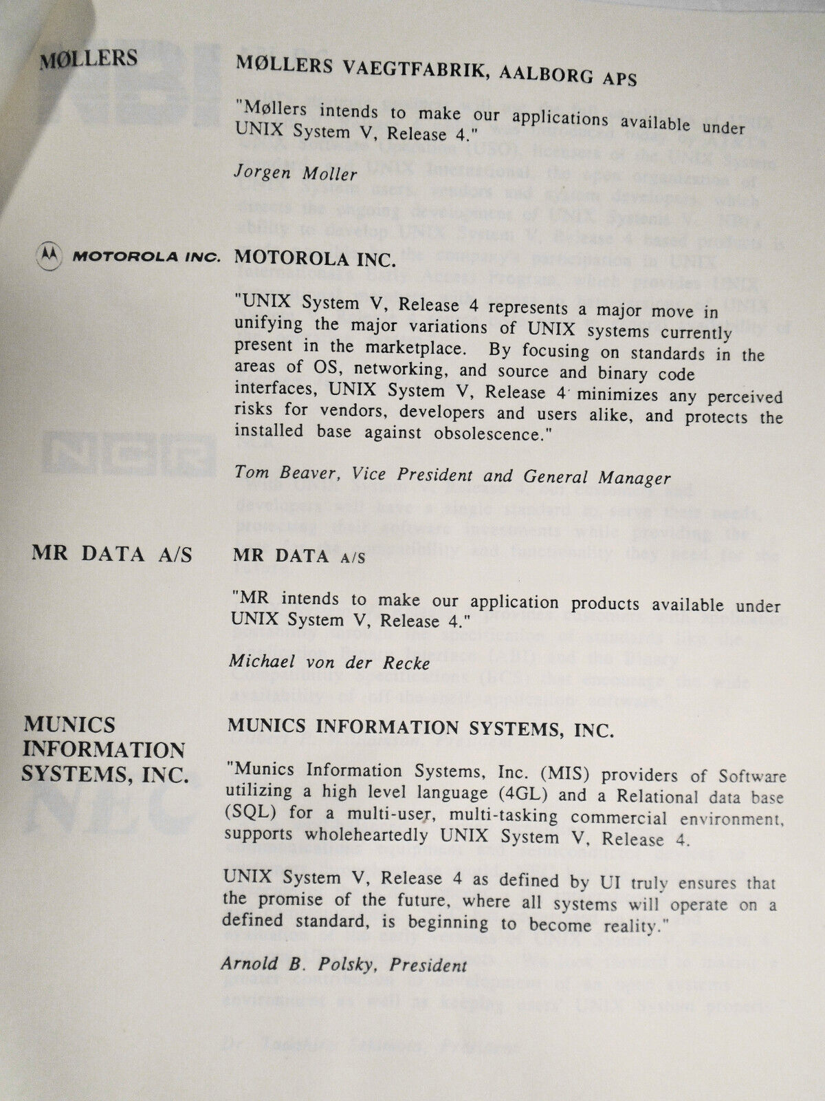 1989 Statements of support by 172 companies for UNIX System V, Release 4