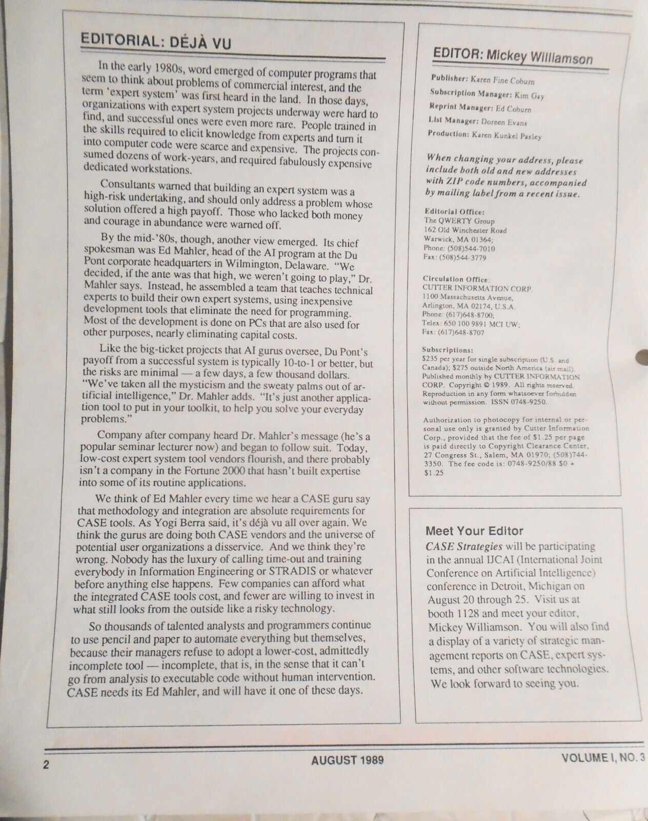 CASE Strategies, August 1989 - Newsletter on Computer Aided Systems Engineering