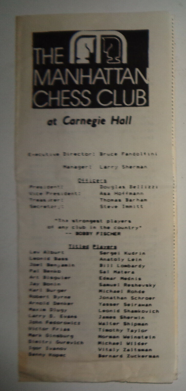 Manhattan Chess Club, at Carnegie Hall - 1980s Membership Application /Promotion