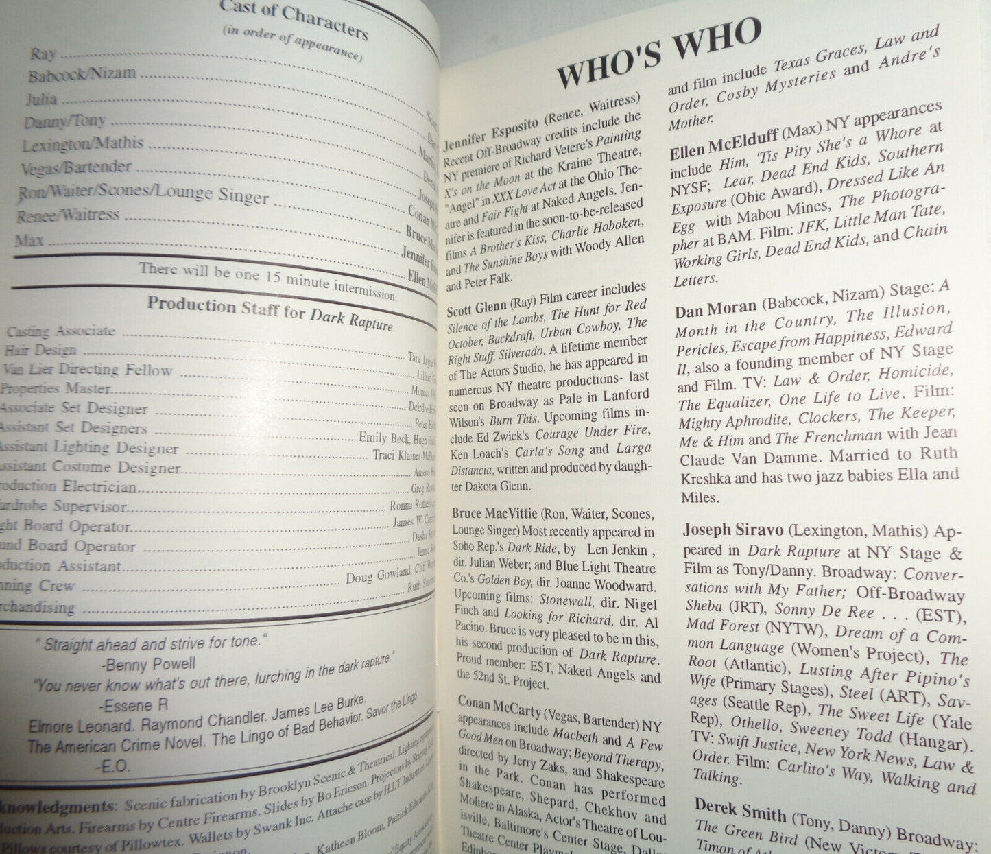DARK RAPTURE - SOUVENIR PROGRAM - NEW YORK: SECOND STAGE THEATRE, 1995