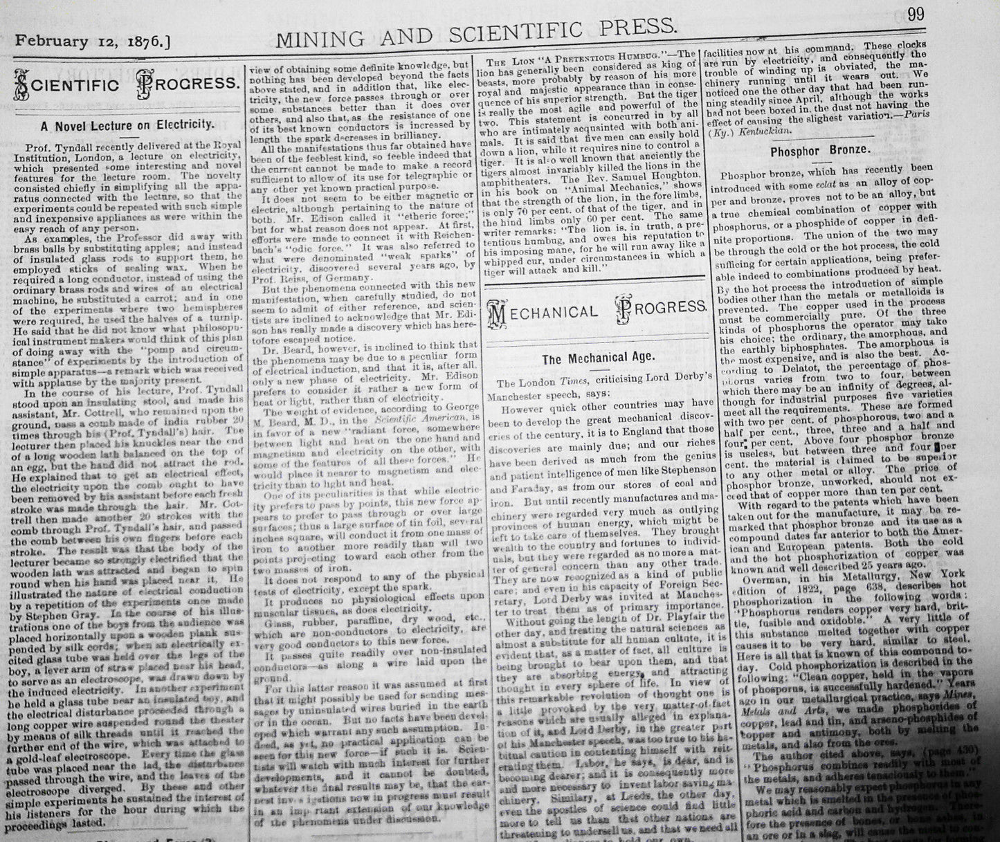 Mining and Scientific Press Feb 12, 1876. Edison's "New Force"; Mining Debris...