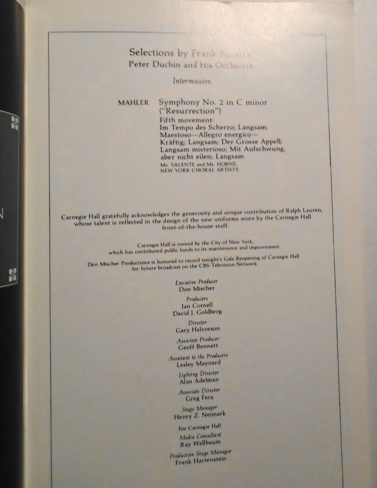 Carnegie Hall Gala Reopening Stagebill 1986: Mehta Horne Sinatra Stern Duchin..
