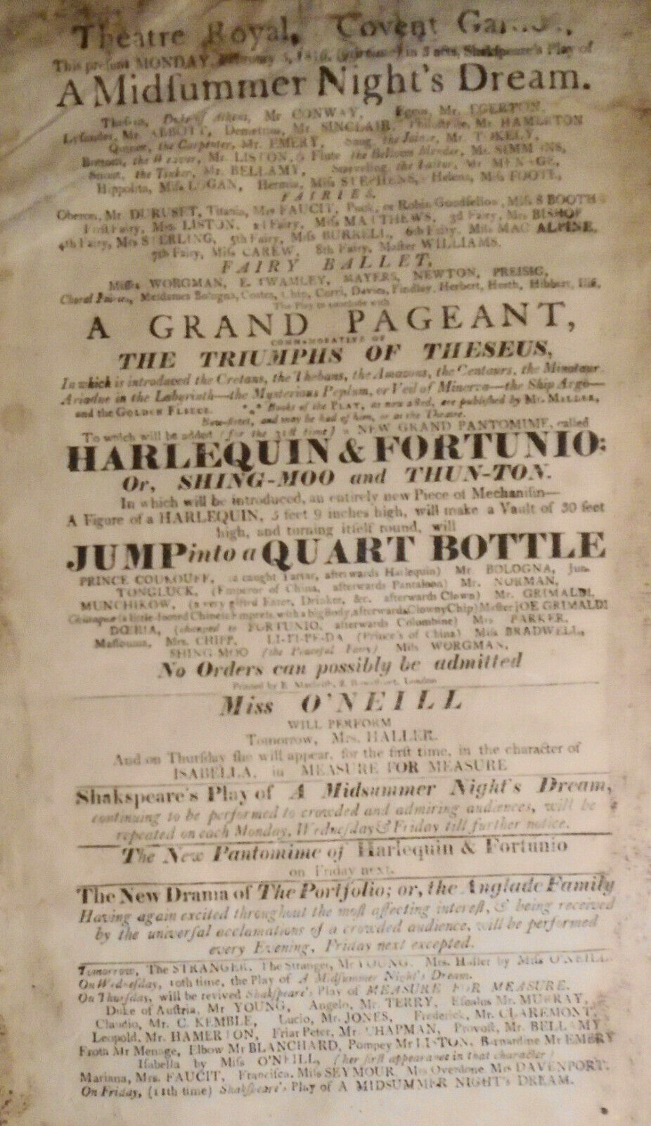 1816 A Midsummer Night's Dream -Shakespeare Playbill Theatre Royal Covent Garden